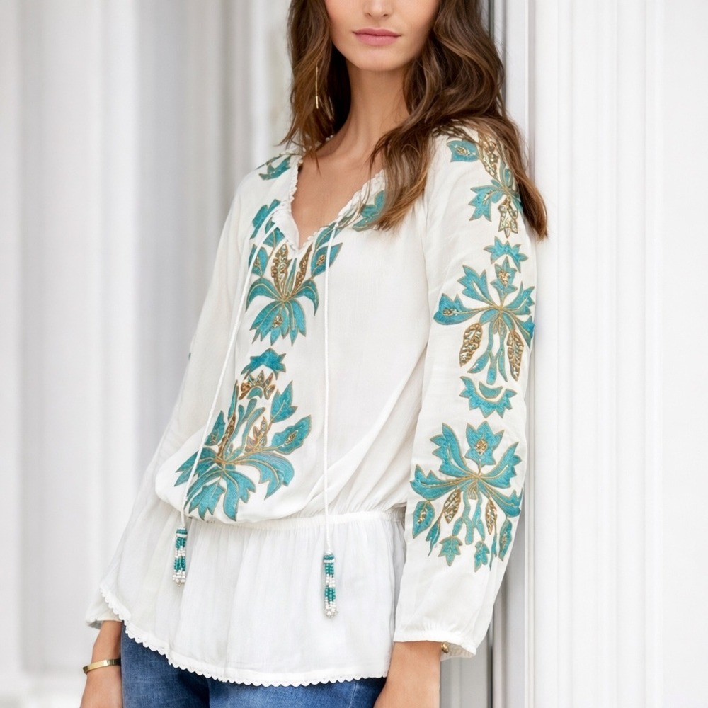 Soft Surroundings Boho Embroidered Peasant Blouse L Ivory Tassel Festival Top